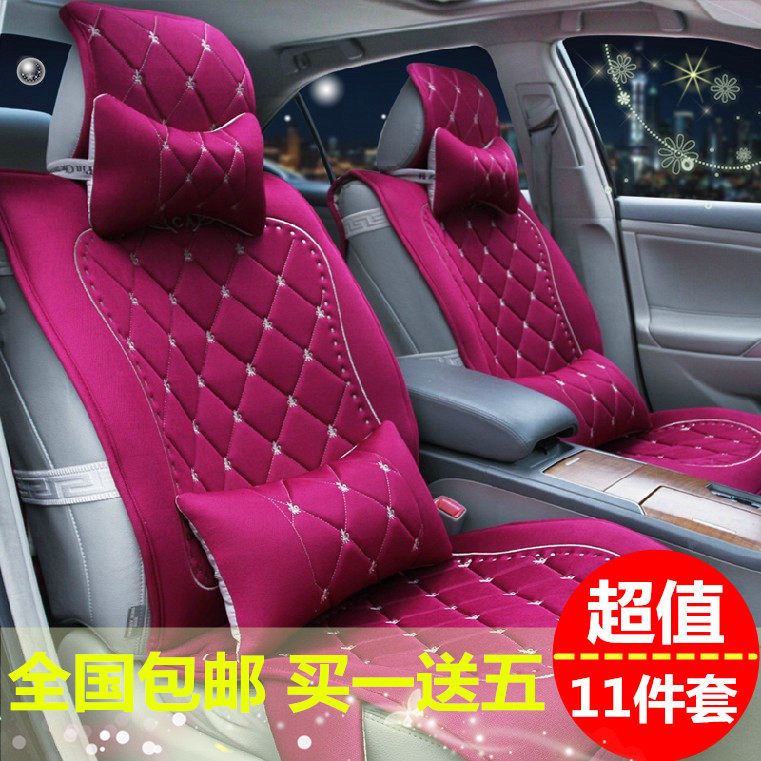 汽车坐垫冬季新款亚麻座垫四季通用女士卡通全包车垫套可爱韩版