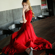 夏季红色连衣裙高级感雪纺裙子大码显瘦胖mm海边度假沙滩长裙