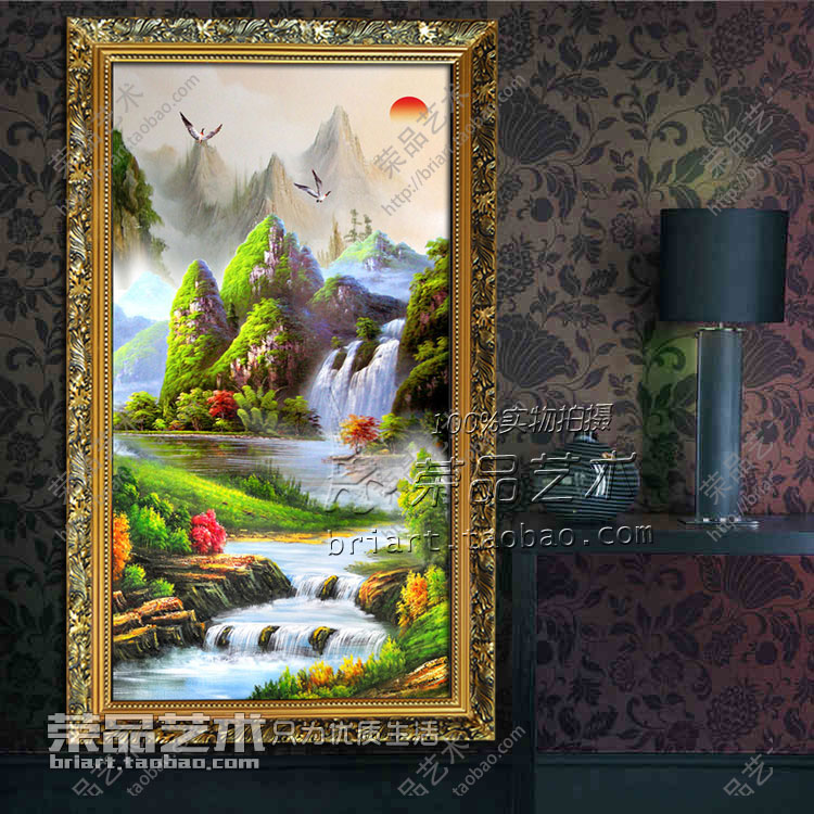 玄关油画竖版风景山水画风水油画手绘招财进宝中式过道装饰画挂画