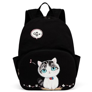 黑色小猫帆布双肩包女 小学生书包 休闲韩版公主订制日本儿童背包