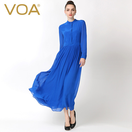 VOA宝石蓝真丝立领长袖开襟暗扣中腰撞料拼接百褶连衣裙A5364商品大图