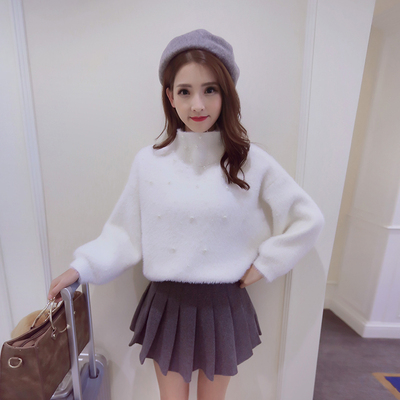 韩版中领珍珠马海毛毛衣女短款宽松毛线衫20