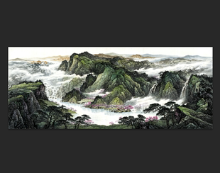 风水国画聚宝盆招财山水画，心办公客厅，装饰高清微喷