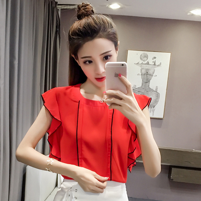 2017夏季新款韩版荷叶袖背心雪纺衫撞色圆领上衣短袖打底小衫女潮