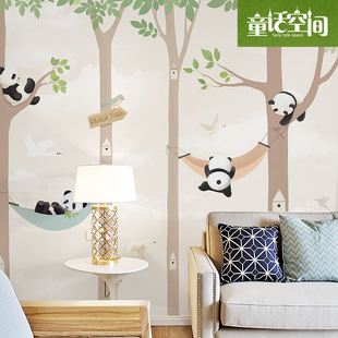 儿童房大型壁画可爱熊猫墙纸卧室卡通动物装饰温馨壁纸大熊猫乐园