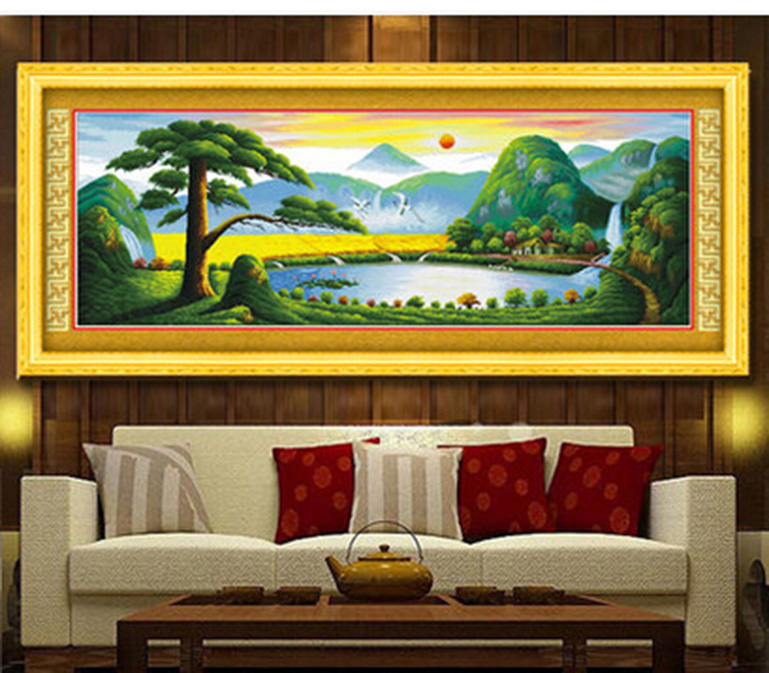 机绣十字绣成品 迎客松聚宝盆大幅新款客厅画山水风景画祥瑞聚财