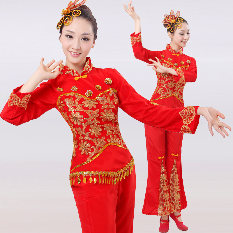2015新款秧歌服红色舞蹈服装民族演出服腰鼓服扇子舞蹈服广场舞女