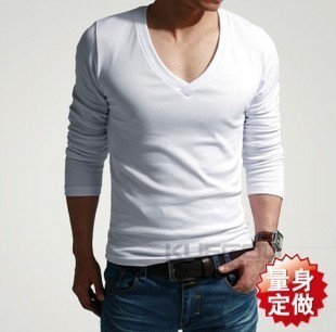 韩版男士白色超大V领长袖T恤商务低领长袖单衣男款百搭休闲打底衫
