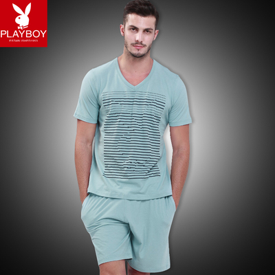 花花公子睡衣 新款夏季男士休闲居家针织纯棉V领短袖家居服套装