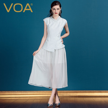 VOA水绿交叉半高领盖肩袖中腰斜襟假两件套裙式真丝连衣裙A0339图片