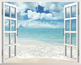 3D卧室假窗户墙贴客厅装饰画大海景沙滩海滩餐厅房间壁画贴纸贴画