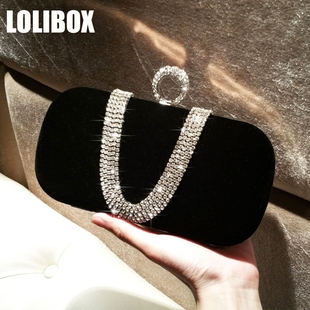 lolibox定制丝绒水钻指环包女小手拿包晚宴包链条(包链条，)斜跨宴会包
