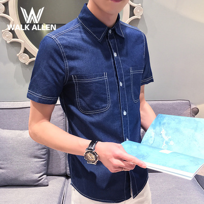 牛仔短袖衬衫男薄款夏季潮男装青年韩版修身休