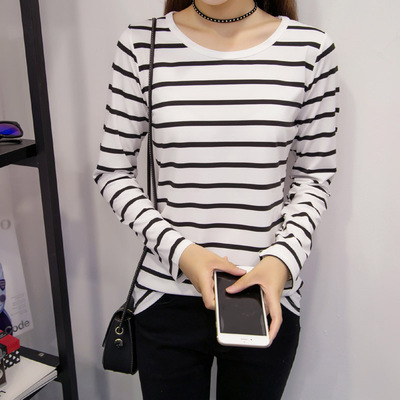 秋冬装新款长袖T恤女宽松百搭韩版条纹体恤打