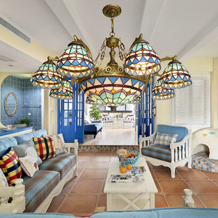 地中海客厅吊灯蓝白彩色玻璃，吊灯客厅卧室餐厅，蒂凡灯具尼灯饰