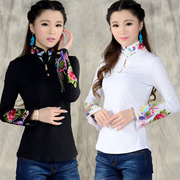 中国风春装 民族风女装上衣 绣花长袖棉t恤女修身大码加绒打底衫