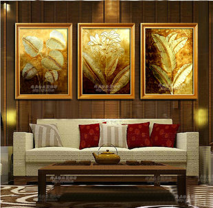 东南亚泰式风格金萡手绘油画客厅，装饰画书房抽象挂画有框三联画