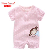女宝宝粉色连体衣，婴儿夏装0-2岁新生儿夏天衣服，纯棉点点爬服