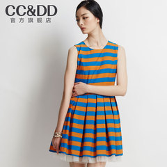 CCDD正品2014夏装新款女装撞色条纹雪纺马甲式蓬蓬连衣裙