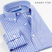 SmartFive 男士商务职业衬衫蓝白条纹纯棉抗皱修身衬衣男长袖薄款
