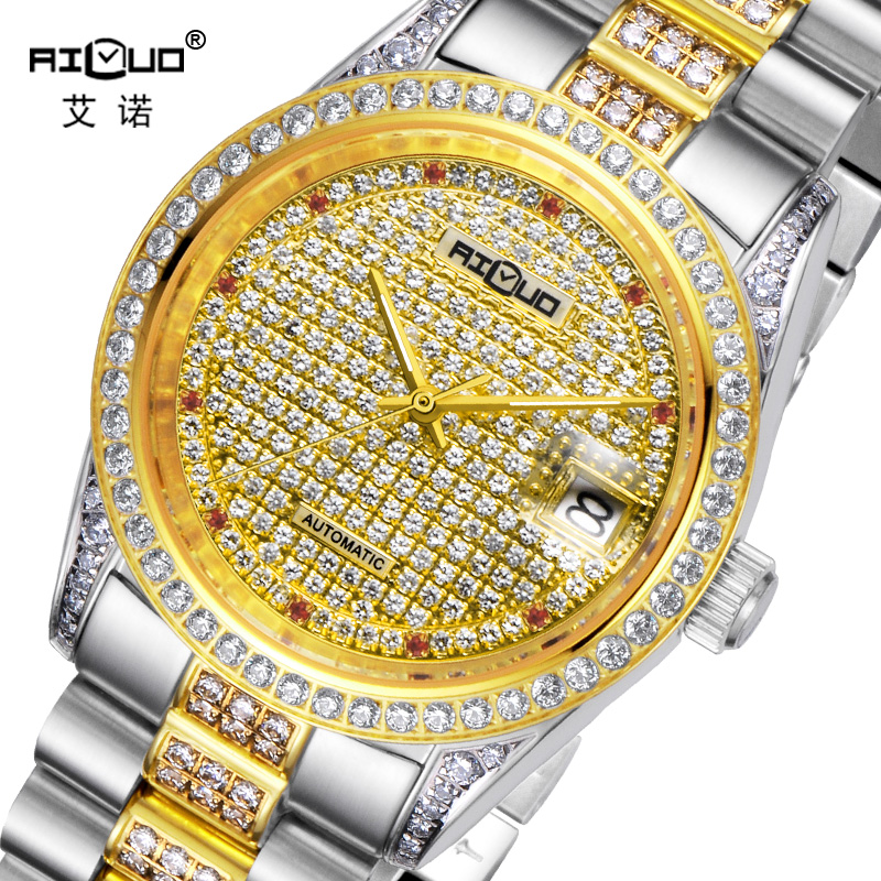 正品艾诺手表 全自动机械表满天星钻表黄金表男士手表 机械表男表