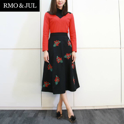 【欧洲站】2014秋冬女装新款黑色打底衫+红色上衣+刺绣半身裙套装
