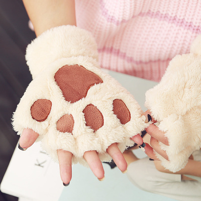 手套女冬季学生可爱半指男女士加厚骑车保暖韩版毛绒卡通猫咪爪子