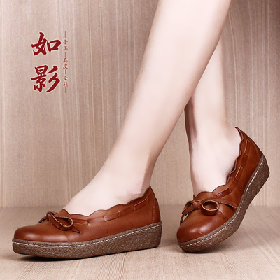 如影2017春季新款原创手工真皮复古甜美休闲浅口森女鞋中跟单鞋女