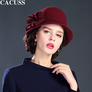 cacuss秋冬天礼帽纯羊毛呢帽子，女士时尚小礼帽淑女帽圆顶帽