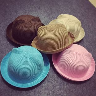夏天可爱猫耳朵亲子草帽，韩版小熊遮阳礼帽儿童，沙滩太阳帽子男女春