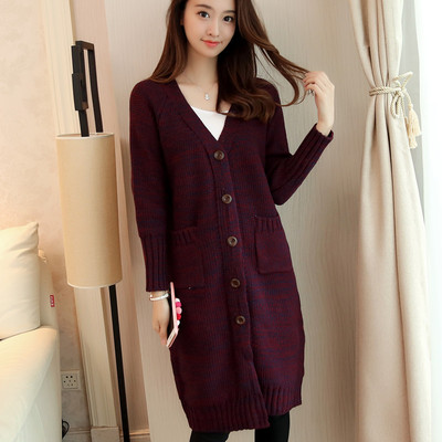 冬季加厚新款韩版单排扣杂色长款毛衣外套宽松