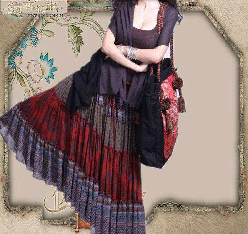 奢华大牌阿卡民族风爱上野玫瑰系列之撞色超大摆长裙-1775