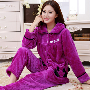 秋天韩式女士加厚法兰绒纯棉睡衣，女式秋冬季紫色珊瑚绒家居服套装