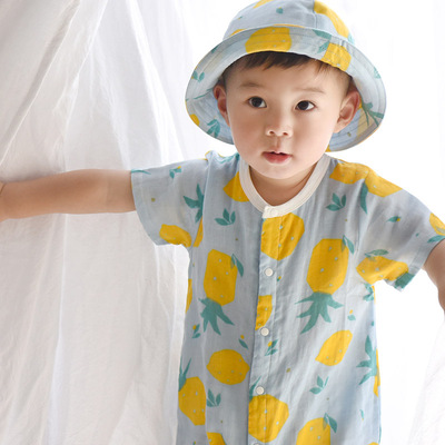 papa爬爬 夏季宝宝纯棉纱布中开扣短袖爬服 婴儿连体衣0-3岁