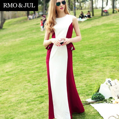 罗家精品 2015春夏女装新品 优雅红白撞色拼接荷叶边收腰连衣长裙