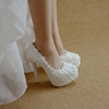 蕾丝婚鞋白色高跟水台优雅珍珠花朵婚纱新娘，鞋仙女单鞋可加腕带