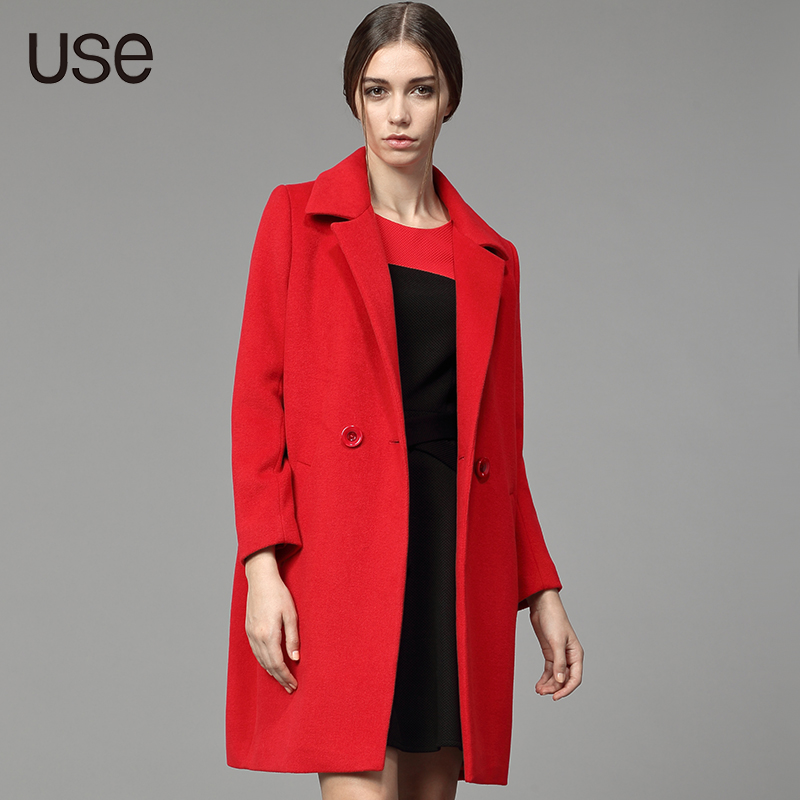 USE2014冬装新款欧美通勤红色OL廓形直筒翻驳领羊毛呢大衣外套女