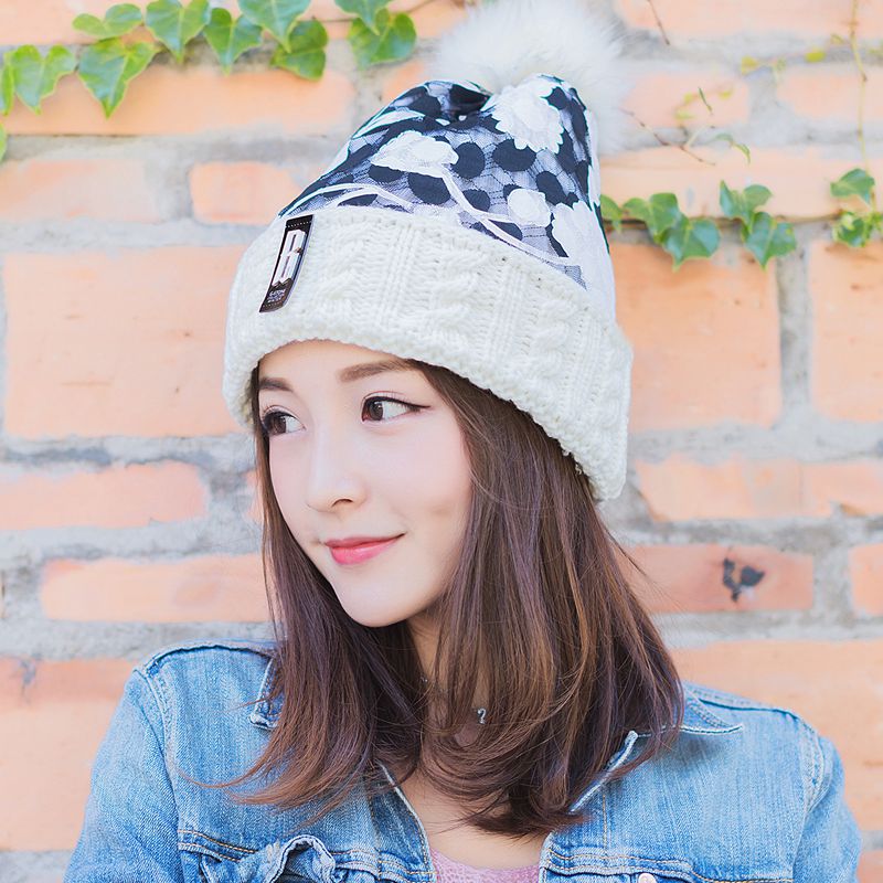 冬天帽子女韩版保暖护耳毛线帽韩国休闲加厚印花针织帽加绒冬季帽