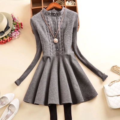 秋冬新款韩版单排扣收腰蕾丝拼接毛呢料连衣裙长袖针织裙摆连衣裙