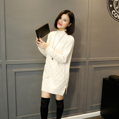 欧洲站新款 时尚简约菱形螺纹下摆开衩宽松中长毛衣 针织打底衫女