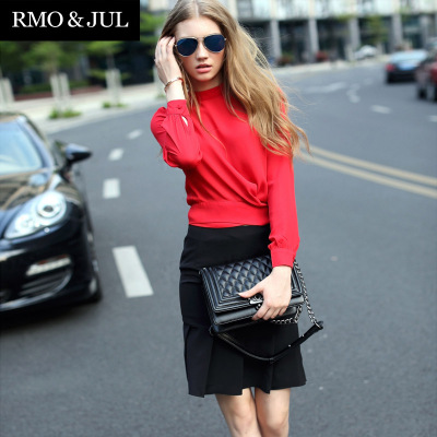 罗家精品2015春装女装新品 立领长袖红色衬衫+优雅鱼尾裙 套装裙