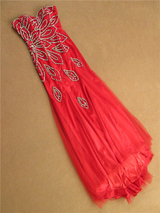 0510大红色鱼尾裙纱裙新娘，结婚长款钉珠宴会年会，外贸工厂晚礼服裙