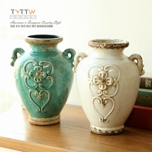 美式欧式古典地中海做旧胖罐陶瓷客餐厅桌面花瓶花器装饰工艺摆件