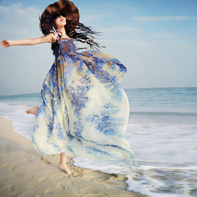 豆蔻2015夏 女装 波西米亚雪纺度假沙滩长裙 裹