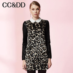 CCDD2014冬装专柜正品新款女装PU皮袖一步裙子性感豹纹连衣裙