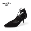Westlink西遇女鞋2016春季新款交叉绑带高跟鞋细跟真皮尖头浅口单