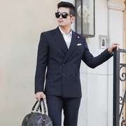 韩国条纹男双排扣西装，韩版商务绅士，修身型男结婚礼服西装套装