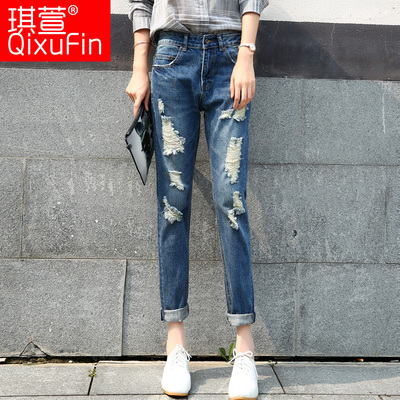 2016春装新款韩版休闲破洞牛仔裤女大码宽松显瘦怀旧直筒裤长裤潮