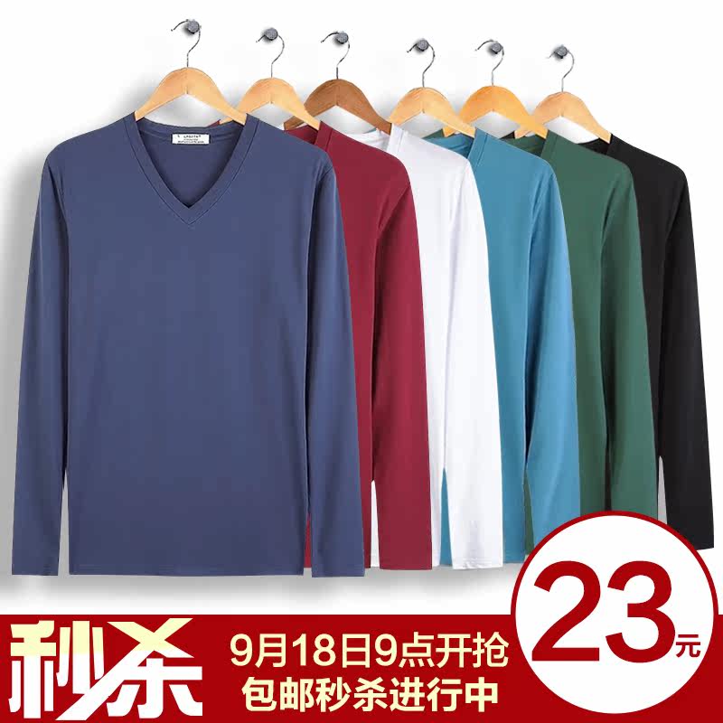 lroztn 2014新款秋装男装v领 潮男士长袖t恤 打底衫 纯色纯棉大码