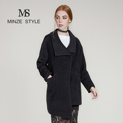 ms羊驼毛呢绒大衣女，秋冬黑色不对称时尚，韩版中长款外套